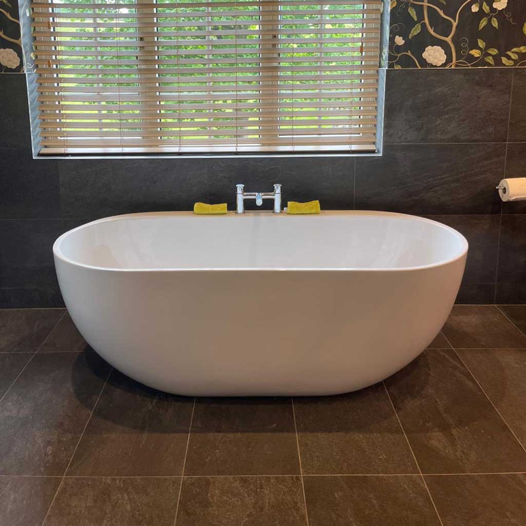 Completed bathroom redesign in Giggleswick, Settle, showing the modern contemporary freestanding Tanara bath.