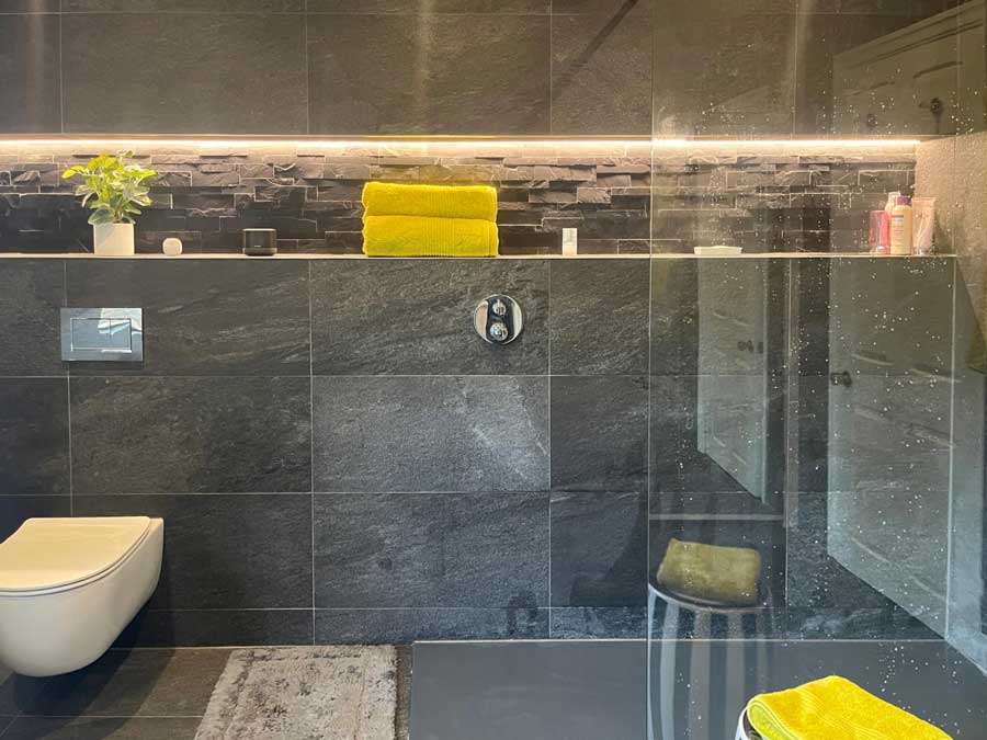 Completed contemporary, modern and dark coloured bathroom redesign in Giggleswick, Settle.