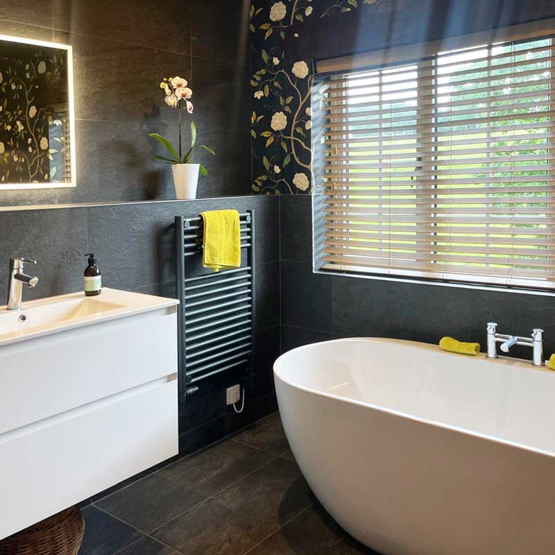 Completed contemporary, modern and dark coloured bathroom redesign in Giggleswick, Settle.