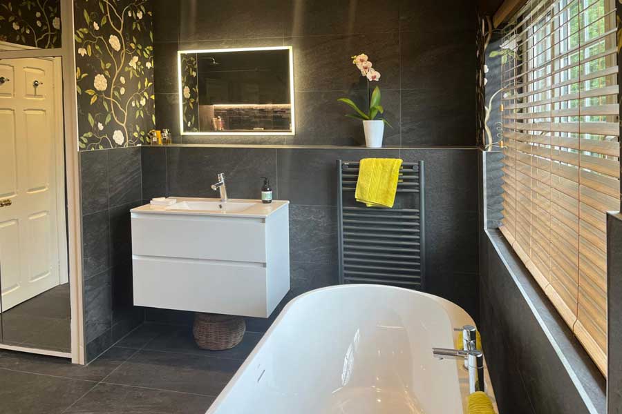 Completed contemporary, modern and dark coloured bathroom redesign in Giggleswick, Settle.