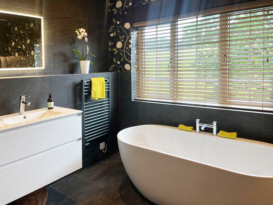 Completed contemporary, modern and dark coloured bathroom redesign in Giggleswick, Settle.